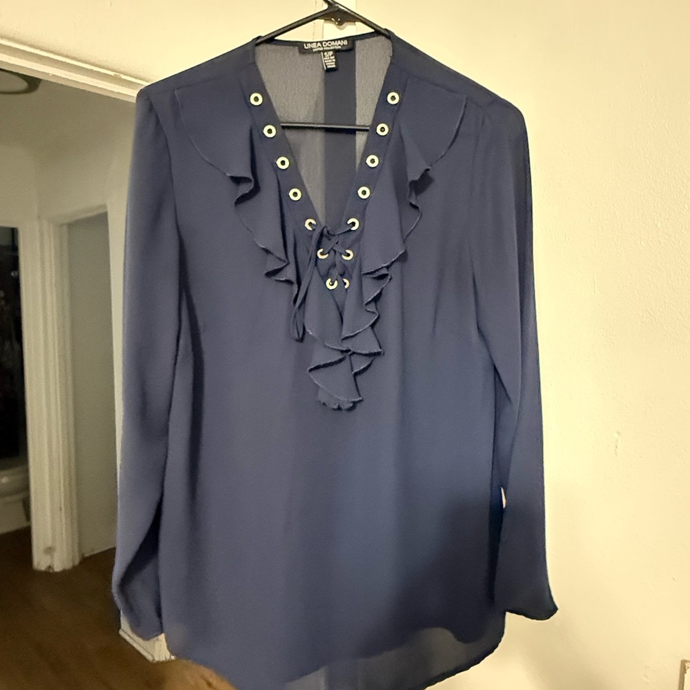 Navy Blouse with Ruffle Accents